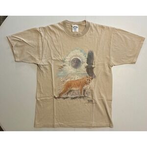 VTG Single Stitch USA Made Cougar Eagle Indian Native Land T-Shirt Mens M Tan